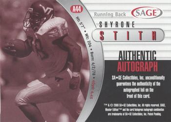 2000 SAGE - Autographs Silver #A44 Shyrone Stith Back