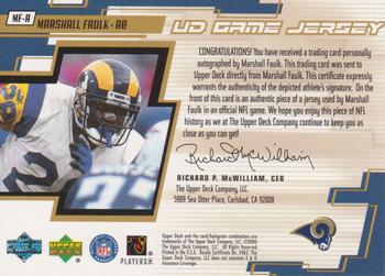 2000 Upper Deck - UD Game Jersey Autographed Gold #MF-A Marshall Faulk Back