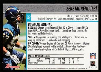 2001 Bowman - Gold #215 Zeke Moreno Back