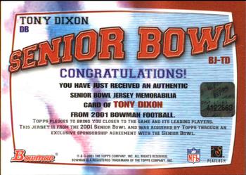 2001 Bowman - Bowl Jerseys #BJ-TD Tony Dixon Back