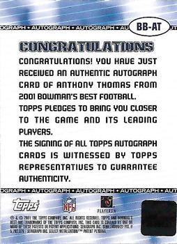 2001 Bowman's Best - Autographs #BB-AT Anthony Thomas Back