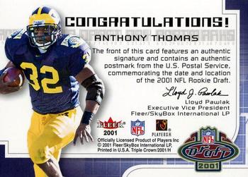 2001 Fleer Hot Prospects - Draft Day Postmarks Autographs #NNO Anthony Thomas Back