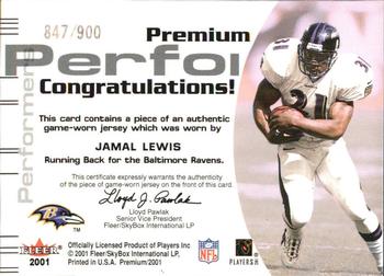 2001 Fleer Premium - Premium Performers Jerseys #NNO Jamal Lewis Back