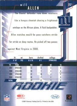 2001 Leaf Rookies & Stars - Rookie Autographs #257 Will Allen Back