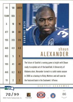 2001 Pacific Dynagon - Red #86 Shaun Alexander Back