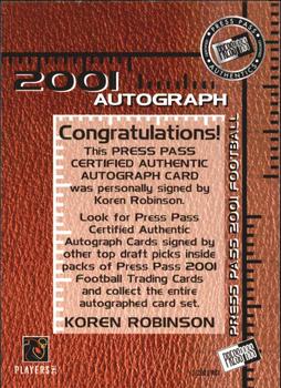 2001 Press Pass - Autographs #NNO Koren Robinson Back