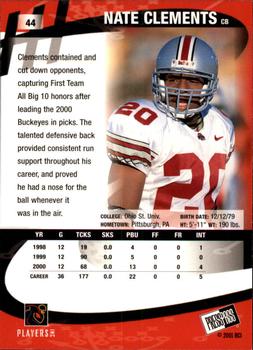 2001 Press Pass - Gold Zone #44 Nate Clements Back