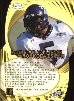 2001 Press Pass SE - Rookievision #RV2 LaDainian Tomlinson Back
