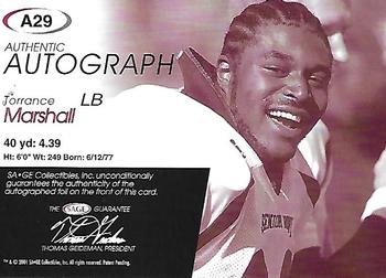 2001 SAGE - Autographs Red #A29 Torrance Marshall Back