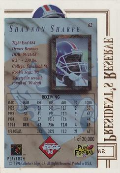 1996 Collector's Edge President's Reserve #62 Shannon Sharpe Back
