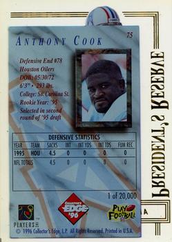 1996 Collector's Edge President's Reserve #75 Anthony Cook Back