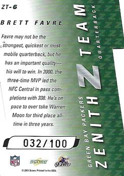 2001 Score Select - Zenith Z-Team #ZT-6 Brett Favre Back