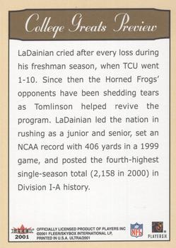2001 Ultra - College Greats Previews #NNO LaDainian Tomlinson Back