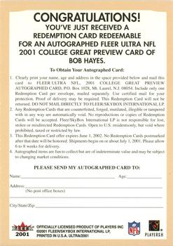 2001 Ultra - College Greats Previews Autograph Redemptions #NNO Bob Hayes Back