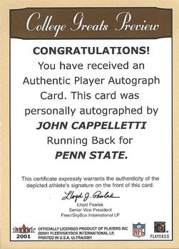 2001 Ultra - College Greats Previews Autographs #NNO John Cappelletti Back