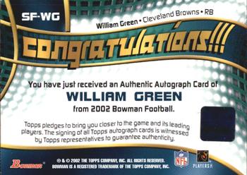 2002 Bowman - Signs of the Future #SF-WG William Green Back