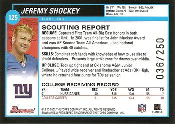 2002 Bowman - Silver #125 Jeremy Shockey Back