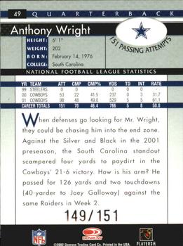 2002 Donruss - Stat Line Career #49 Anthony Wright Back