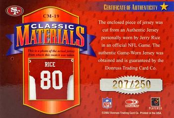 2002 Donruss Classics - Classic Materials #CM-19 Jerry Rice Back