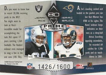2002 Donruss Elite - Prime Numbers #PN-10 Jerry Rice / Isaac Bruce Back