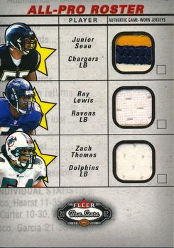 2002 Fleer Box Score - All Pro Roster Jerseys #NNO Junior Seau / Ray Lewis / Zach Thomas Front