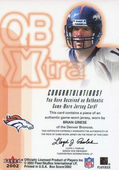 2002 Fleer Box Score - QBXtra Jerseys #NNO Brian Griese Back