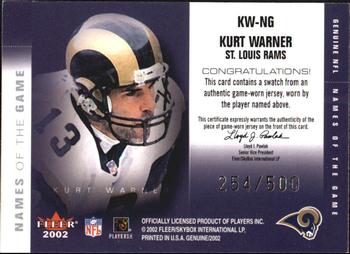 2002 Fleer Genuine - Names of the Game Jerseys #KW-NG Kurt Warner Back