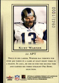 2002 Fleer Premium - All-Pro Team #22 APT Kurt Warner Back