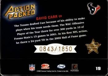 2002 Leaf Rookies & Stars - Action Packed Bronze #19 David Carr Back