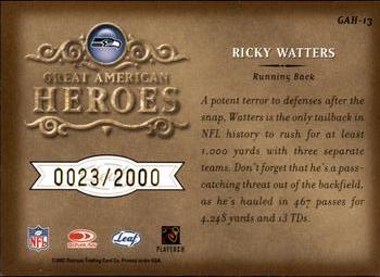 2002 Leaf Rookies & Stars - Great American Heroes #GAH-13 Ricky Watters Back