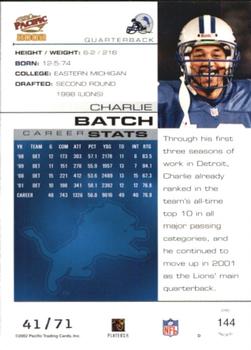 2002 Pacific - LTD #144 Charlie Batch Back