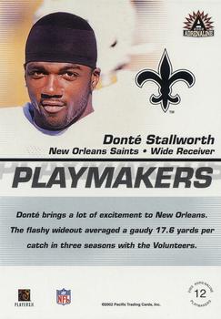 2002 Pacific Adrenaline - Playmakers #12 Donte Stallworth Back