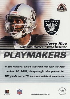 2002 Pacific Adrenaline - Playmakers #13 Jerry Rice Back