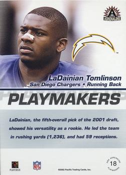 2002 Pacific Adrenaline - Playmakers #18 LaDainian Tomlinson Back