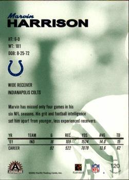 2002 Pacific Adrenaline - Red #120 Marvin Harrison Back