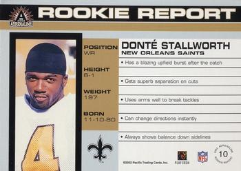 2002 Pacific Adrenaline - Rookie Report #10 Donte Stallworth Back