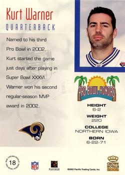 2002 Pacific Crown Royale - Pro Bowl Honors #18 Kurt Warner Back