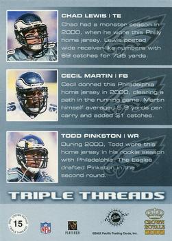 2002 Pacific Crown Royale - Triple Threads Jerseys #15 Chad Lewis / Cecil Martin / Todd Pinkston Back
