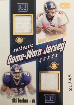 2002 Pacific Heads Up - Game Worn Jersey Quads Gold #22 Tiki Barber / Kerry Collins / Ron Dayne / Amani Toomer Front