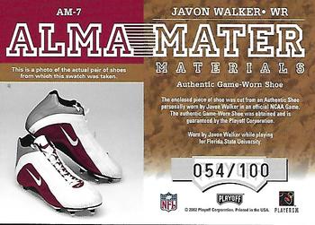 2002 Playoff Honors - Alma Mater Materials #AM-7 Javon Walker Back