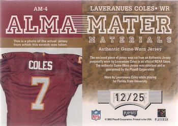 2002 Playoff Honors - Alma Mater Materials Varsity Patches #AM-4 Laveranues Coles Back