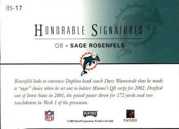 2002 Playoff Honors - Honorable Signatures #HS-17 Sage Rosenfels Back