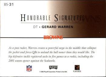 2002 Playoff Honors - Honorable Signatures #HS-31 Gerard Warren Back