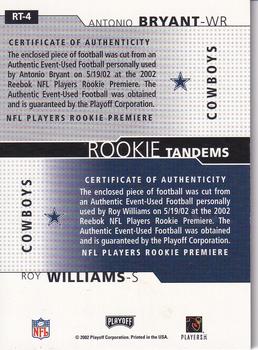2002 Playoff Honors - Rookie Tandems/Quads #RT-4 Antonio Bryant / Roy Williams Back