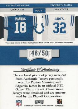 2002 Playoff Piece of the Game - Materials 2nd Down #POG-61 Peyton Manning / Edgerrin James Back