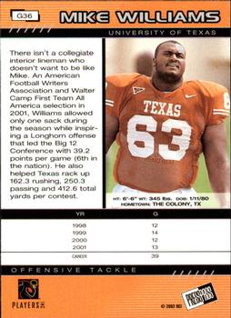 2002 Press Pass - Gold Zone #G36 Mike Williams Back