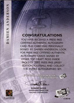 2002 Press Pass JE - Autographs #NNO Damien Anderson Back