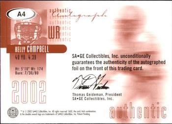 2002 SAGE - Autographs Bronze #A4 Kelly Campbell Back