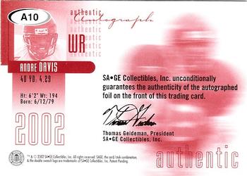 2002 SAGE - Autographs Bronze #A10 Andre Davis Back