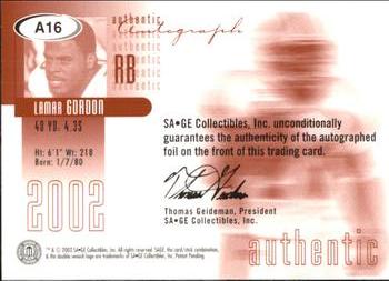 2002 SAGE - Autographs Bronze #A16 Lamar Gordon Back